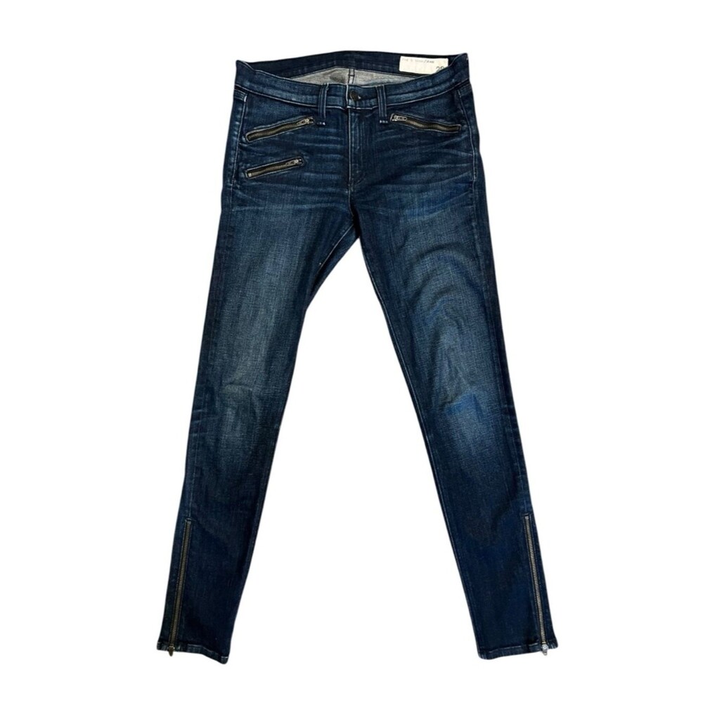 rag & bone Jeans Kensington Moto Skinny Ankle Zip Jeans 28 Dark Indigo Oil Stain